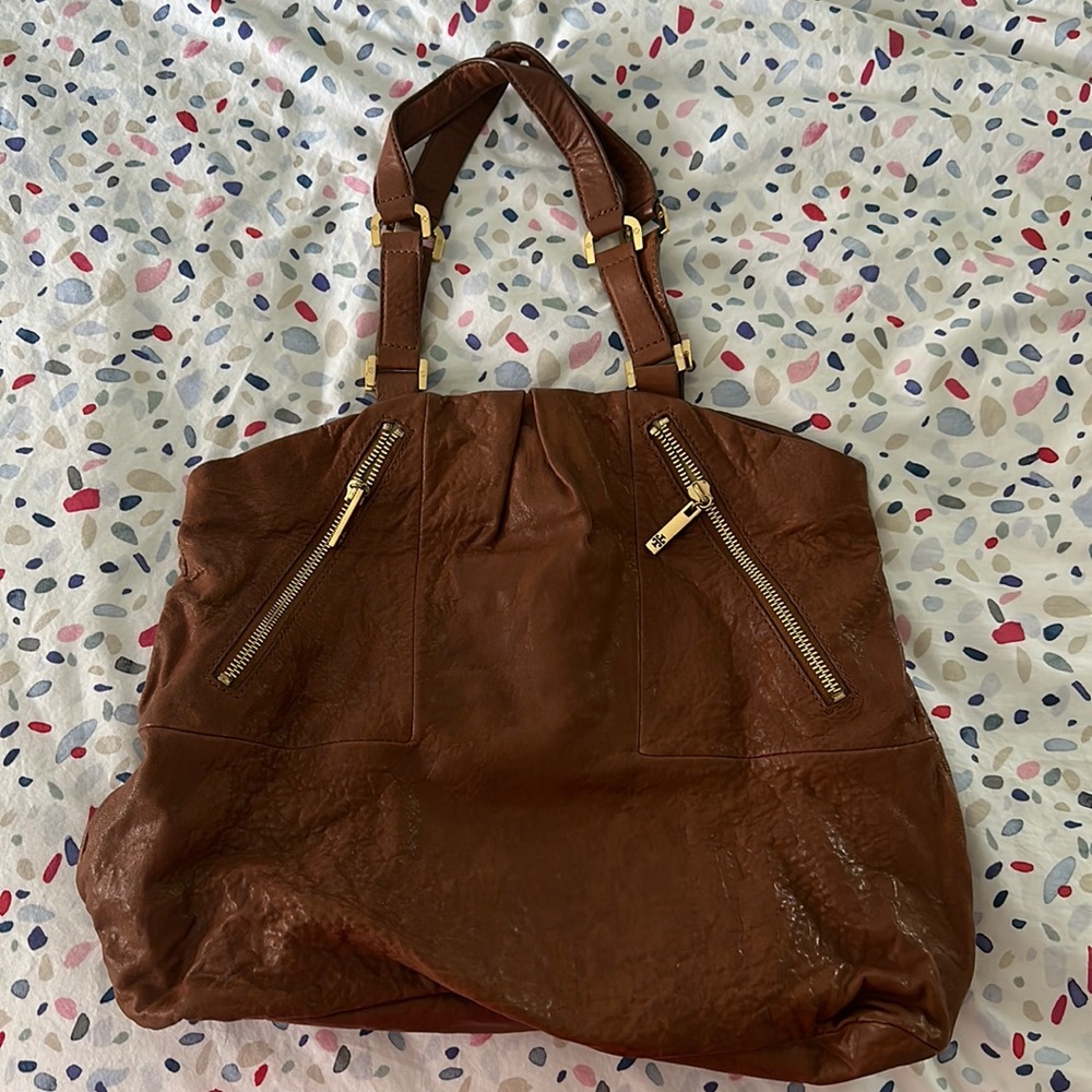 Brown leather Tory Burch tote, with dust bag